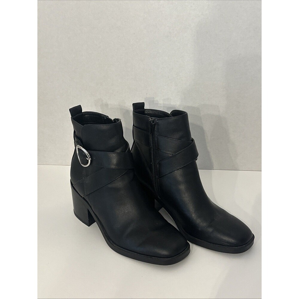 Nine West Black Leather Ankle Boots with Block Heel Silver Buckle Detail 8.5